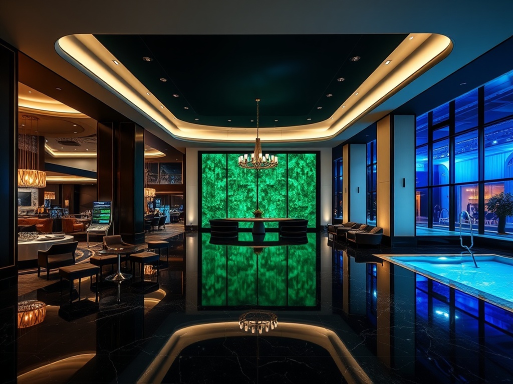 "matte black" "pearl white" lobby splitting into "emerald" lit casino lounge, "bronze" dining gallery, spa thermal pool, evening stage lights, luxurious ambience. "You MUST not include ANY brand images or logos. You may ONLY reply with the format given. I