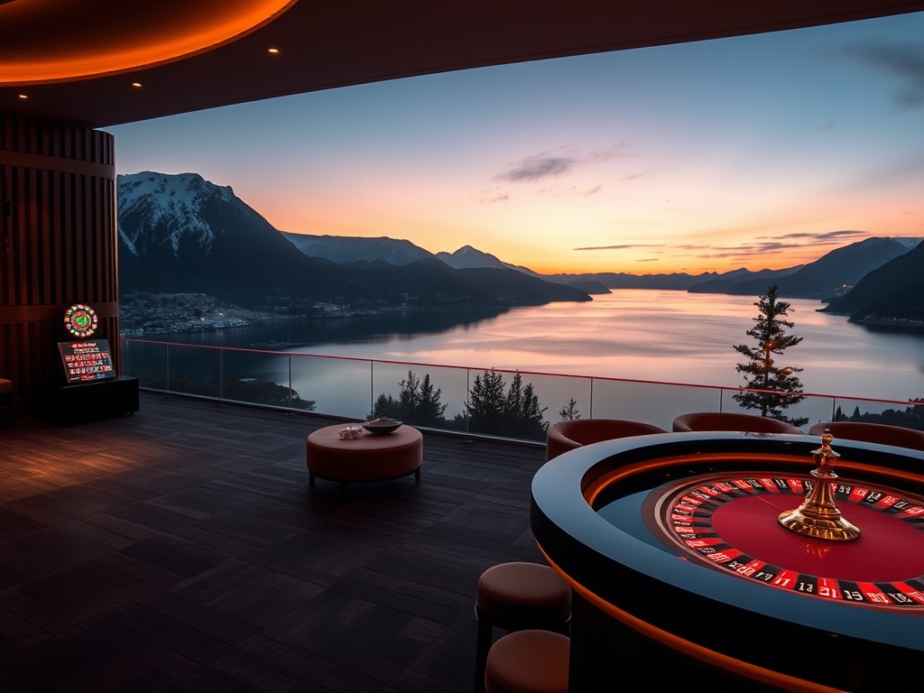 "Norwegian fjord luxury hotel at dusk" "elegant Nordic casino lounge" "roulette table glow" "modern slot lights" "spa steam steam room" "mountain–water panorama"