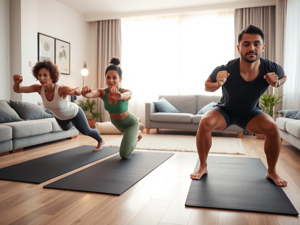 "Cozy modern living room gym scene, three diverse adults exercising on mats, warm light, determined expressions, subtle glow of progress, home savings vibe"
