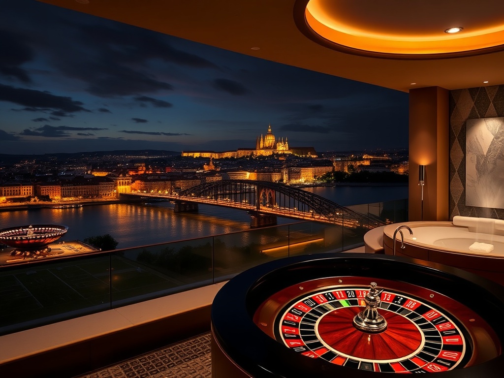 "luxury Prague hotel at night" overlooking "Vltava River and skyline", "glamorous casino floor with roulette lights", and "restorative spa steam ambiance" .