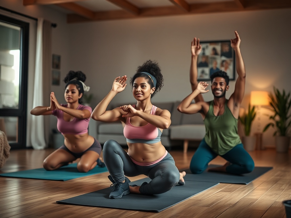 "Cozy modern living room gym scene, three diverse adults exercising on mats, warm light, determined expressions, subtle glow of progress, home savings vibe"