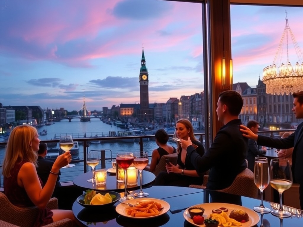 A luxurious canal-view hotel lounge in Amsterdam at dusk, elegant guests toasting handcrafted cocktails, subtle casino glow, spa steam ambiance, gourmet plating.