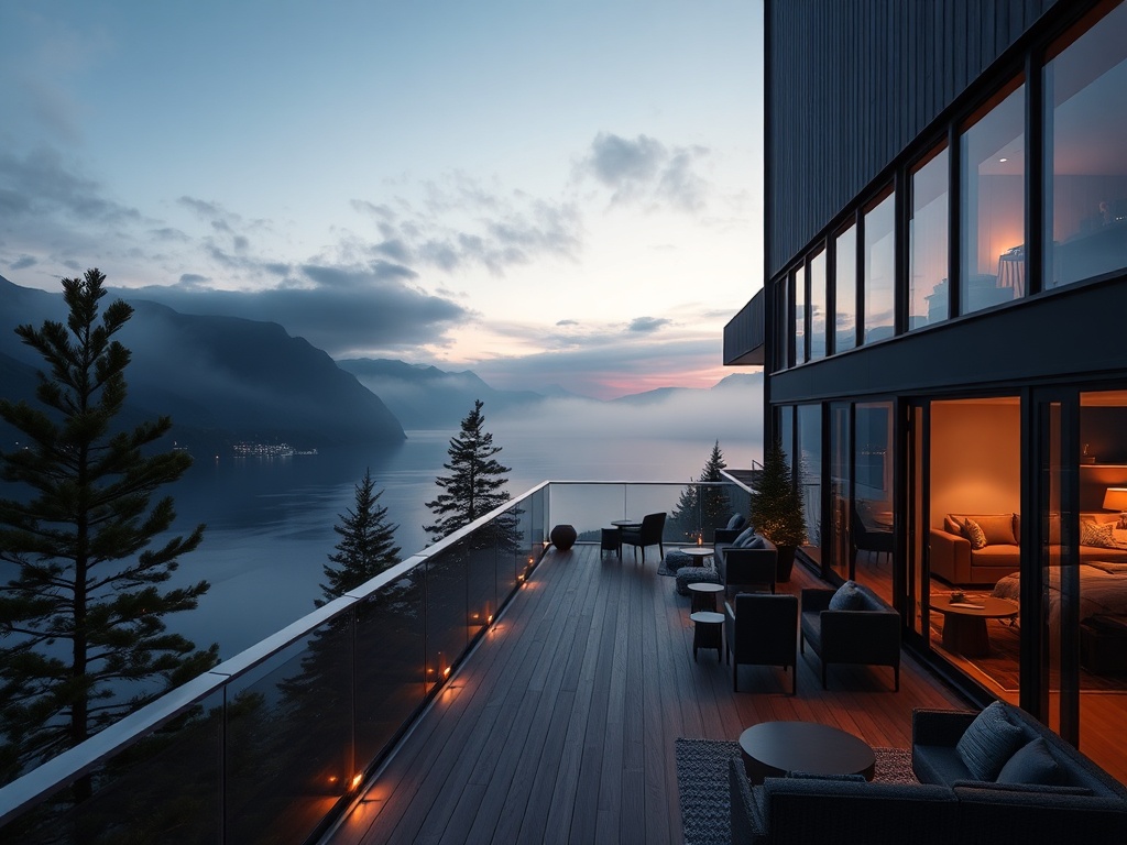 Panoramic fjordside luxury hotel terrace at dusk, deep navy interiors visible through glass, pine trees, brushed gold lights, inviting luxury lounge, cinematic lighting, soft mist, elegant floating booking card shapes.