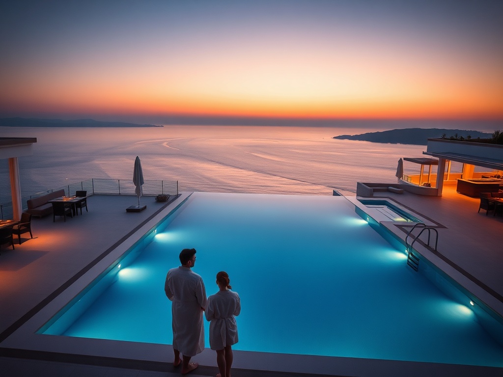 "Luxurious Aegean casino hotel at dusk, sweeping sea views through floor-to-ceiling windows, private infinity pool terraces, elegant gaming lounge silhouettes, couple in spa robes, olive oil spa, rooftop bar glow, Greek-Mrench dining silhouettes."