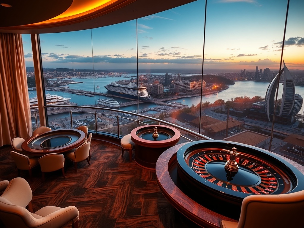 “sunlit harbor-view luxury suite overlooking Australian coastline,” “elegant casino gaming lounge with roulette tables,” “soft spa ambience,” “golden evening lighting,” “premium glamour.”