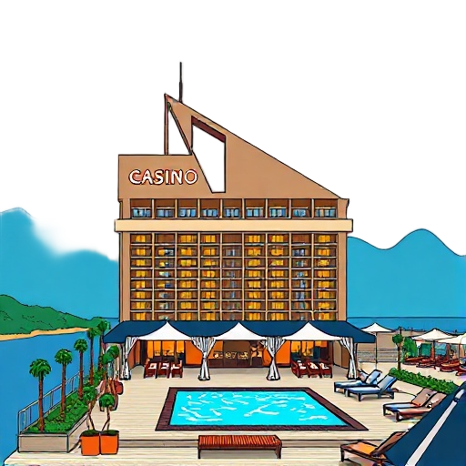 Carefully describe an image in great detail that needs to be generate, use quotes to split visual things. "casino hotel" "waterfront skyline" "rooftop pool"