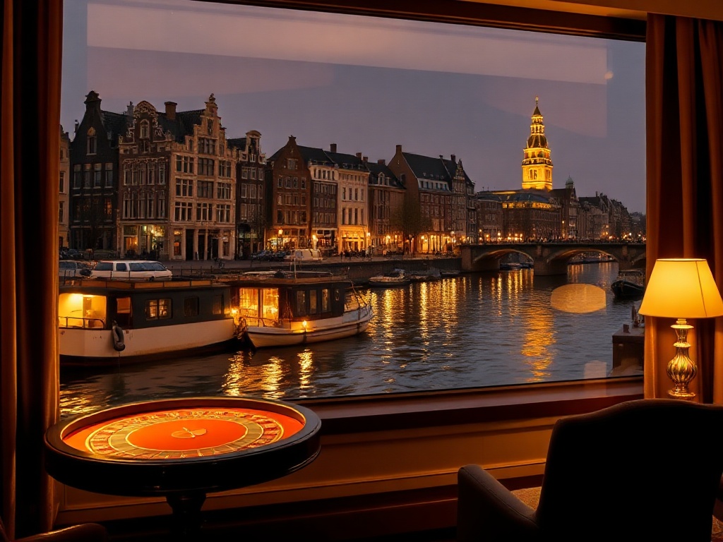 “glamorous Amsterdam canal view from a luxury suite window” “golden casino lounge lights” “elegant table game silhouettes” “silk robe comfort” “warm night atmosphere”