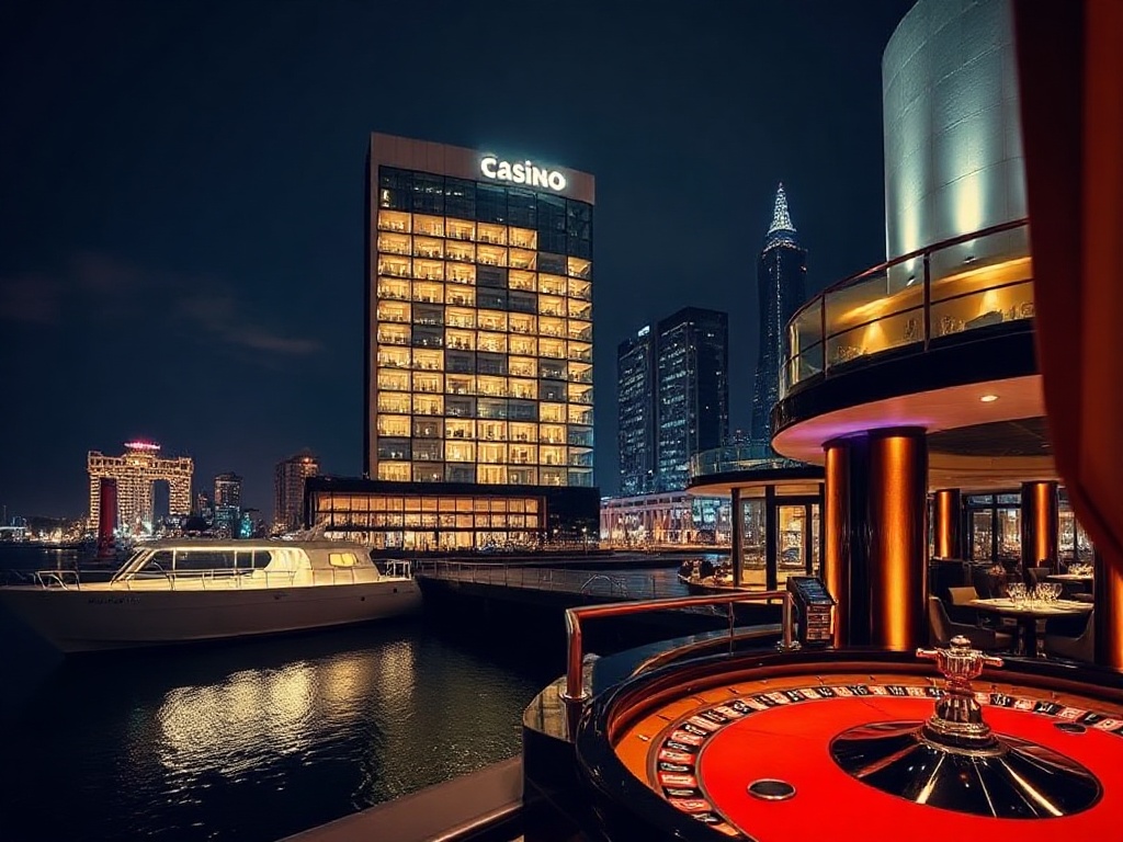 Rotterdam harbor at night, sleek modern casino hotel façade, floor-to-ceiling suite windows glowing, rooftop heated pool steam, elegant roulette table ambiance, fine dining mood lighting.