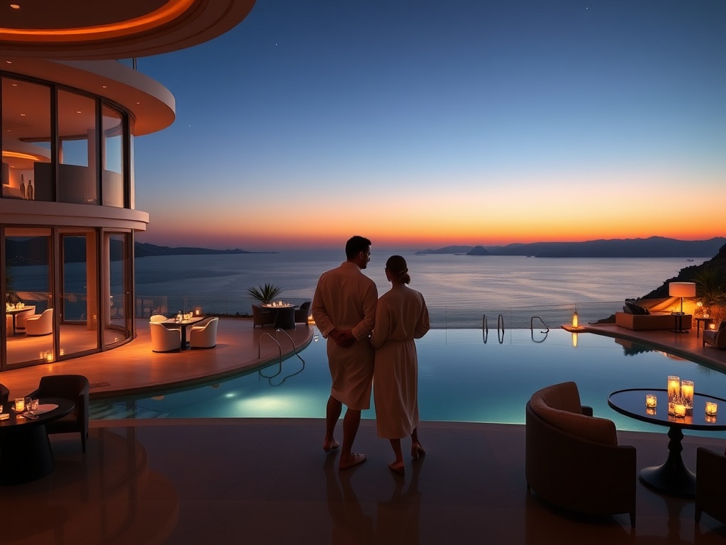 "Luxurious Aegean casino hotel at dusk, sweeping sea views through floor-to-ceiling windows, private infinity pool terraces, elegant gaming lounge silhouettes, couple in spa robes, olive oil spa, rooftop bar glow, Greek-Mrench dining silhouettes."