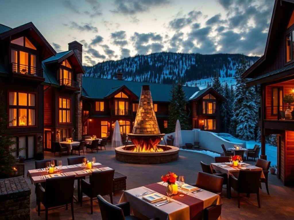 "luxury Canadian mountain-lodge resort courtyard at dusk" "glowing fireside lounge" "panoramic premium suite windows" "spa steam and robes silhouette" "elegant dining table with seasonal cuisine" "modern event hall with soft lights" "adult-only casino lou