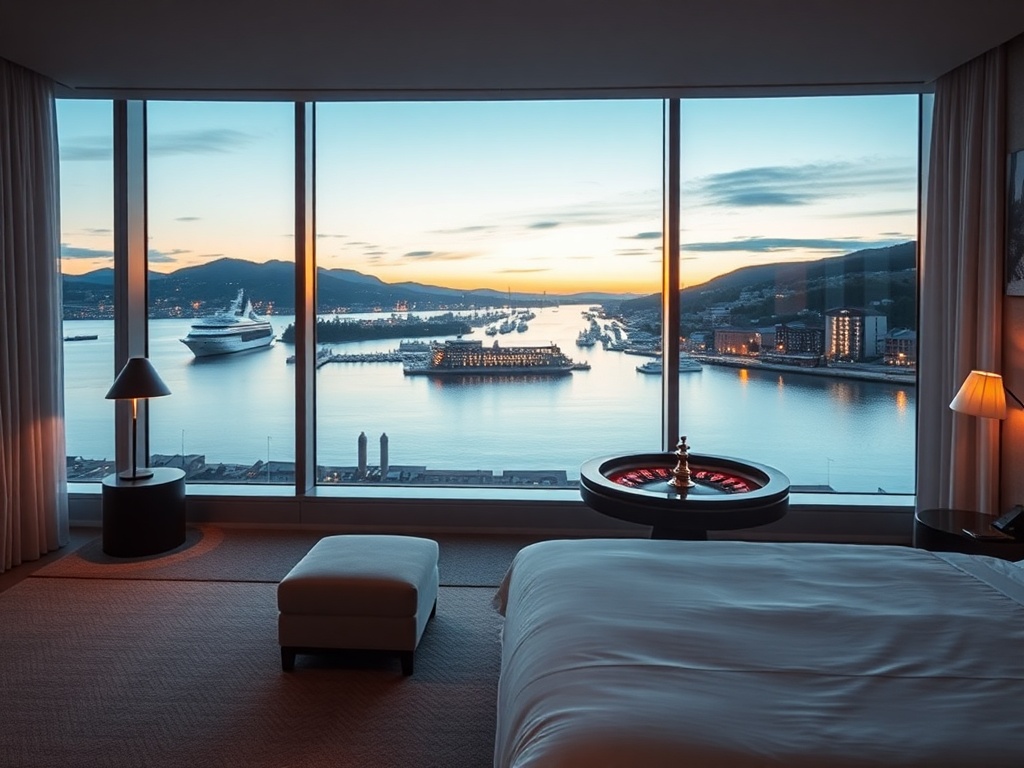 "minimalist Scandinavian suite with floor-to-ceiling windows" "Oslo harbor skyline at dusk" "glimpsed roulette tables" "warm Nordic lighting"