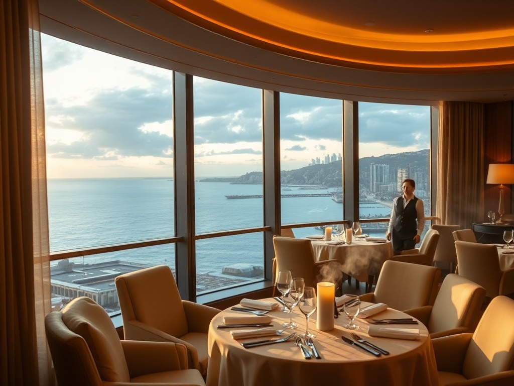 "Luxury Australian casino hotel testimonial mood scene, harbour-view suite window, soft ocean light, elegant lounge ambiance, spa steam glow, fine dining table, warm attentive staff, cinematic realism."