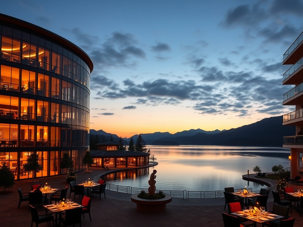 "Luxury lakefront casino resort at dusk" "warm illuminated suites through glass" "mountain silhouette" "exclusive lounge glow" "elegant dining tables" "spa steam haze"