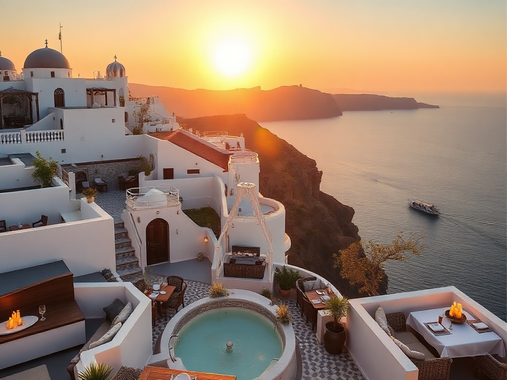 Sunlit Santorini cliff hotel; “whitewashed” suites with “private sea-view balconies”; sleek casino lounge glow; “spa steam” and sunset dining by the coast.