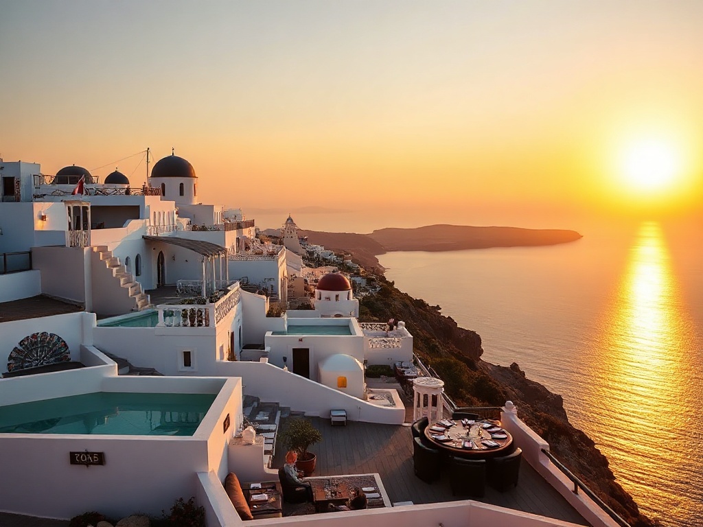 Sunlit Santorini cliff hotel; “whitewashed” suites with “private sea-view balconies”; sleek casino lounge glow; “spa steam” and sunset dining by the coast.