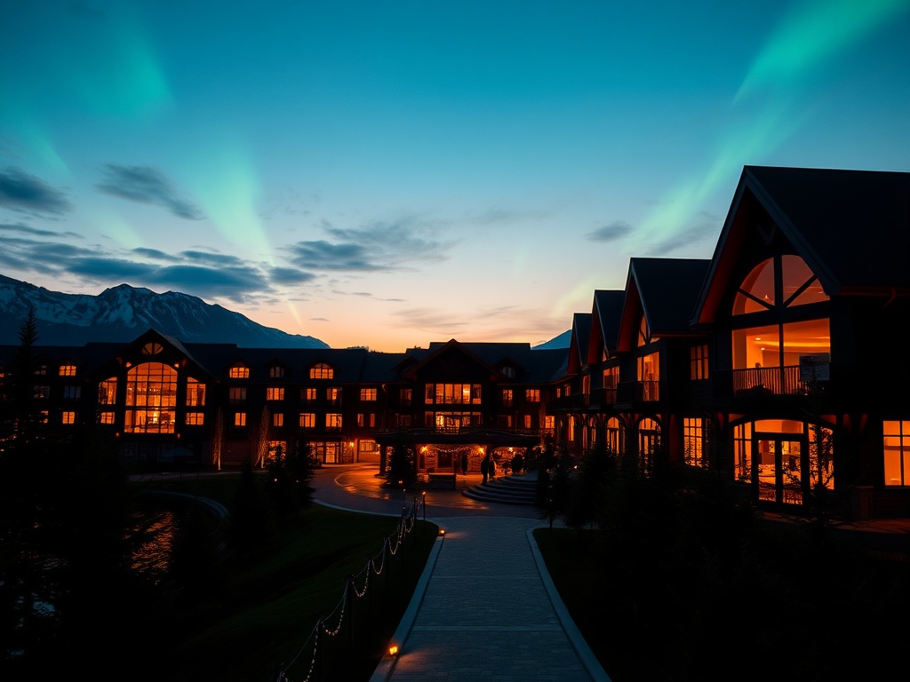 "Luxury Canadian lakefront casino resort at dusk, warm suite windows aglow, mountain silhouette, velvet lounge ambiance, soft aurora reflections, elegant pathways, cinematic lighting"