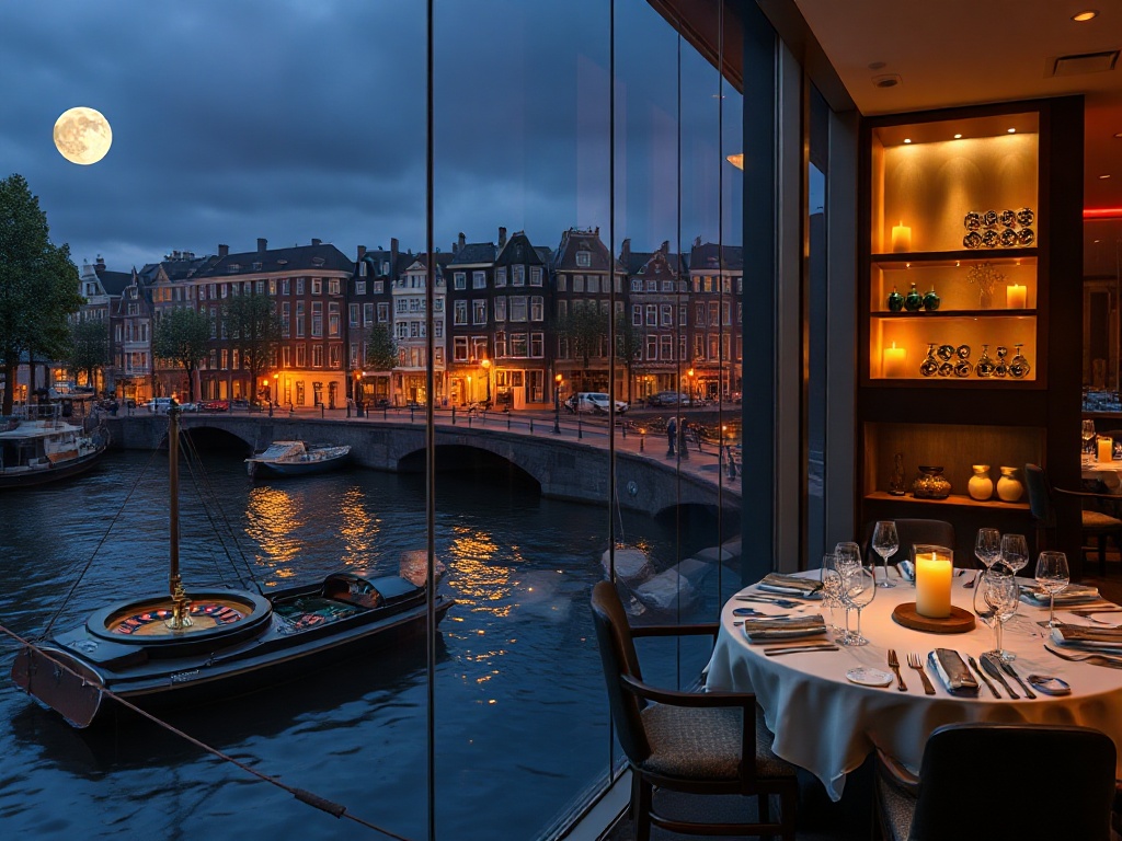 “moonlit Amsterdam canal beside a luxury hotel suite window,” “gold-lit casino lounge with roulette tables,” “serene spa steam room,” “elegant candlelit fine-dining table” “contemporary Dutch design, cinematic luxury atmosphere.”