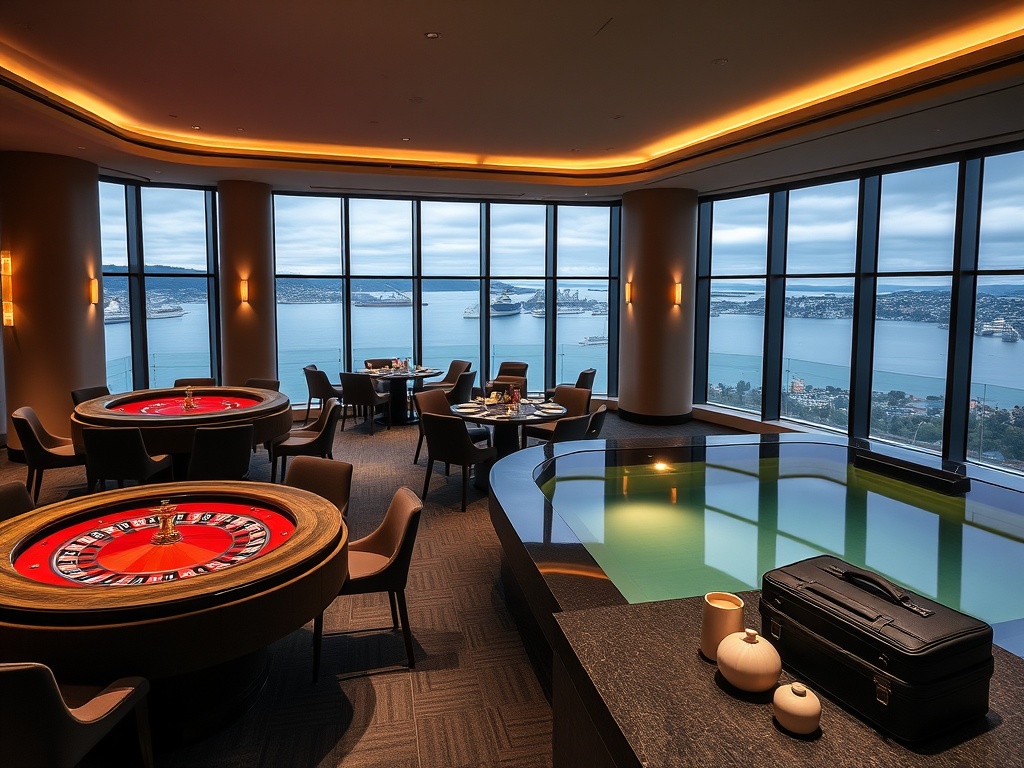 Sleek Scandinavian casino hotel interior, floor-to-ceiling windows over Oslo harbor, velvet gaming tables with soft roulette glow, gourmet dining plates, calm spa infinity pool, matcha travel case beside ceramic tea set.