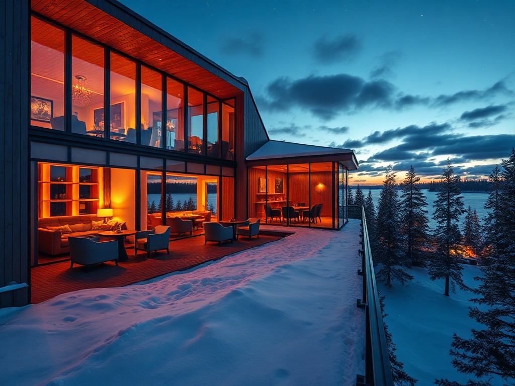 "lakeside Nordic luxury hotel at dusk" "warm glass-view suites glowing" "aurora-like lights" "refined casino lounge silhouettes" "roulette tables" "sauna steam" "elegant dining ambiance" "stars over pine forest"