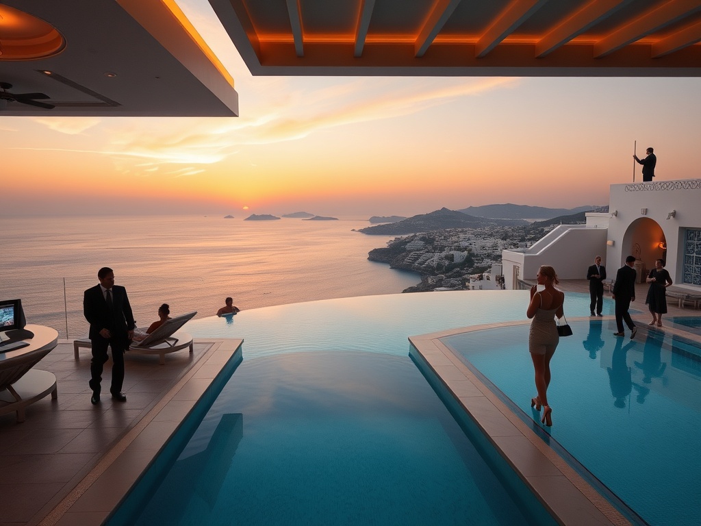 "Aegean luxury casino resort terrace” overlooking turquoise seas, elegant gaming lounge interior, infinity pool, sunset skyline, sophisticated guests in chic attire, spa silhouettes in the distance, Cycladic architecture, serene island atmosphere.