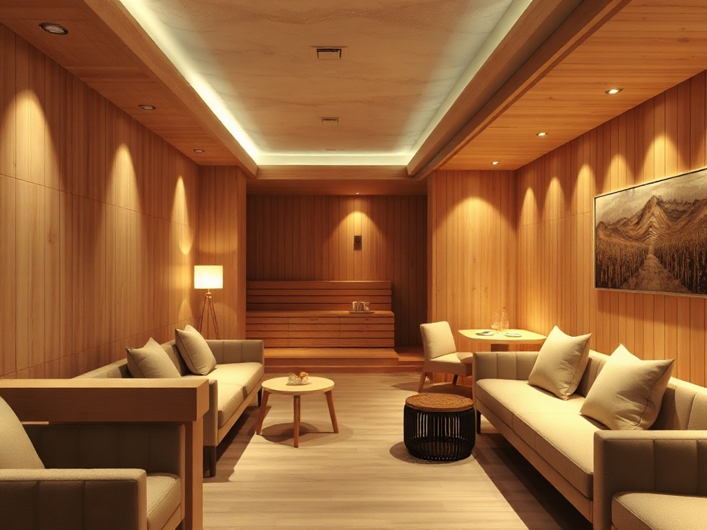 "Nordic luxury lounge beside a warm sauna steam room, soft arctic light, natural wood, plush seating, calm spa ambiance, subtle casino glow, refined hospitality."