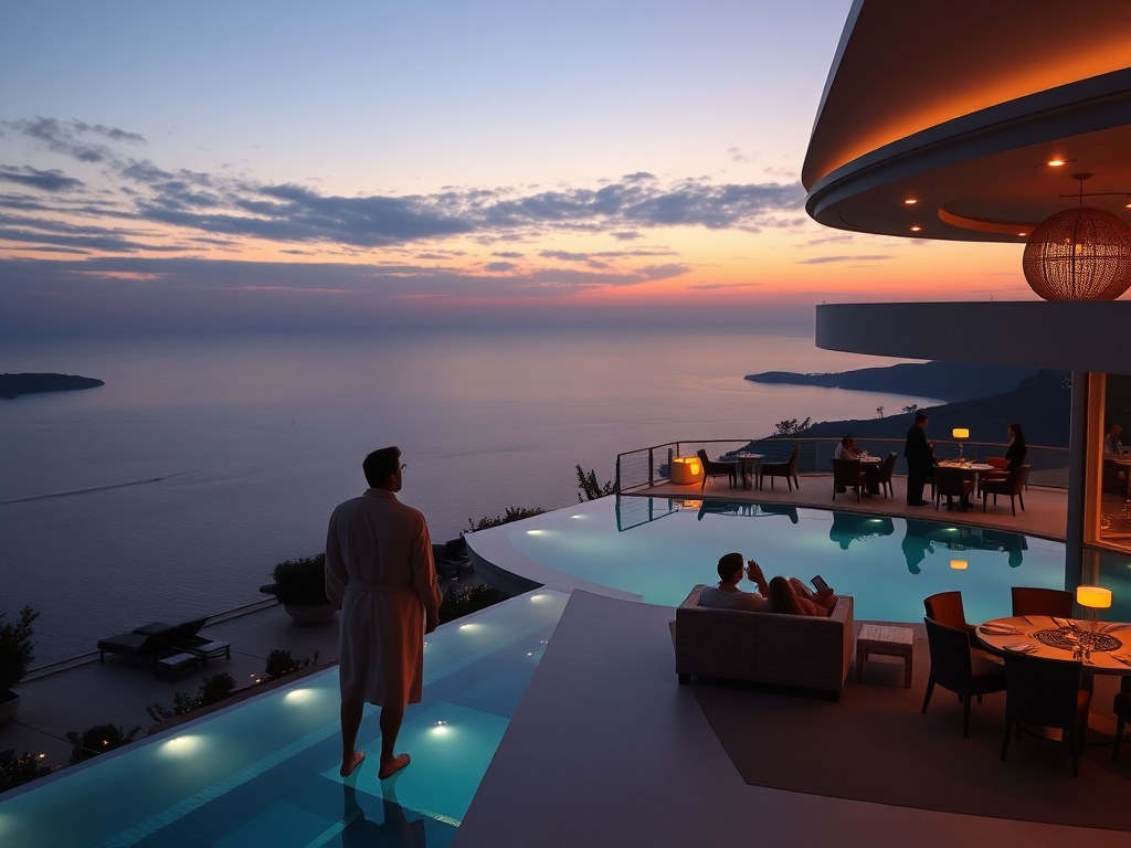 "Luxurious Aegean casino hotel at dusk, sweeping sea views through floor-to-ceiling windows, private infinity pool terraces, elegant gaming lounge silhouettes, couple in spa robes, olive oil spa, rooftop bar glow, Greek-Mrench dining silhouettes."