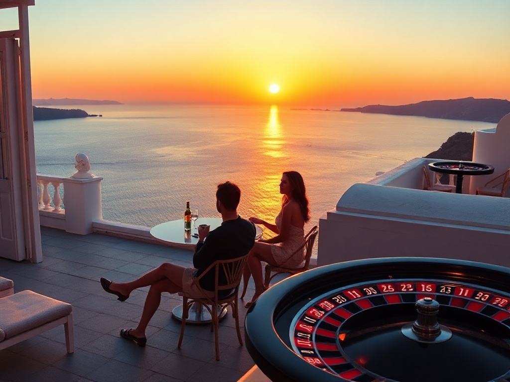 "white Santorini-style suite balcony with blue sea horizon" "golden-hour sunset dining table" "elegant casino glow with roulette-lit ambience" "luxury ambiance" "couple silhouettes"