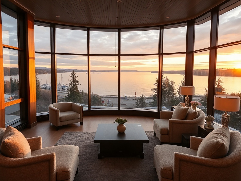 "Warm modern lobby with Canadian lake view through floor-to-ceiling windows, plush seating, soft lighting, subtle luxury spa ambiance, panoramic comfort, inviting atmosphere"