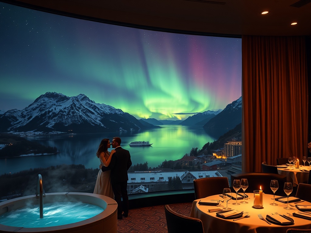 Panoramic fjord hotel at night, Northern Lights over snow peaks, elegant couple near window suite, warm spa steam, subtle casino glow, refined dining table, no people holding cards.