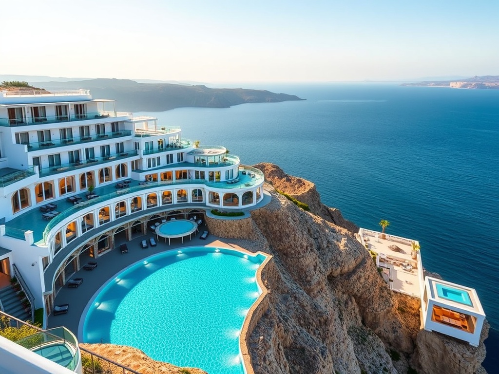 "Aegean luxury casino hotel on a sunlit cliff, cascading infinity pools, glass-walled suites with sea views, elegant gaming salons, soft Mediterranean lighting, white Cycladic architecture, tranquil spa terrace, azure sea backdrop."