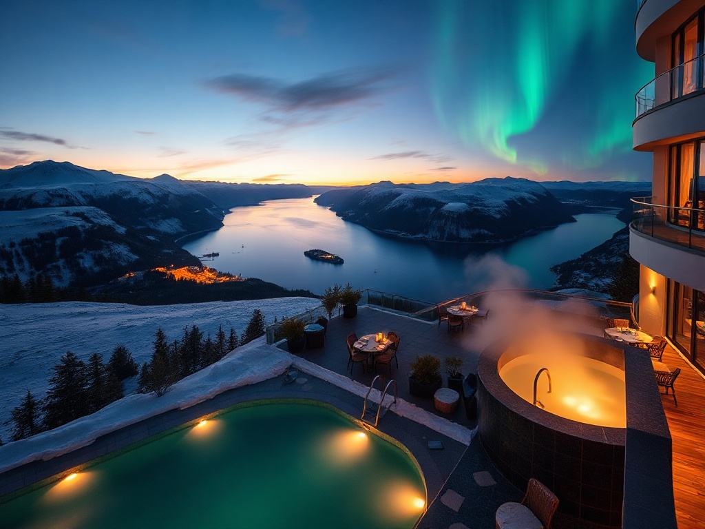 Panoramic Norway luxury casino resort overlooking snowy fjords at night, elegant suite windows, warm gaming lounge glow, serene Nordic spa steam, heated pool reflections, Northern Lights.