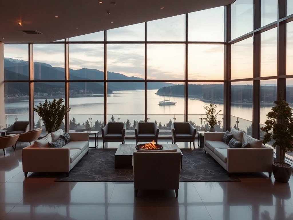 "Warm modern lobby with Canadian lake view through floor-to-ceiling windows, plush seating, soft lighting, subtle luxury spa ambiance, panoramic comfort, inviting atmosphere"