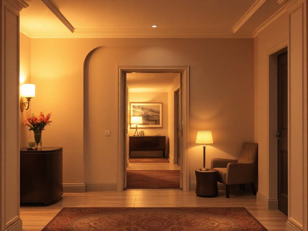 Nordic luxury hotel scene in Finland, warm lobby light, elegant suite doorway, subtle spa glow, adults-only casino area suggested by dim lamps, booking buttons icons, modern minimalist.