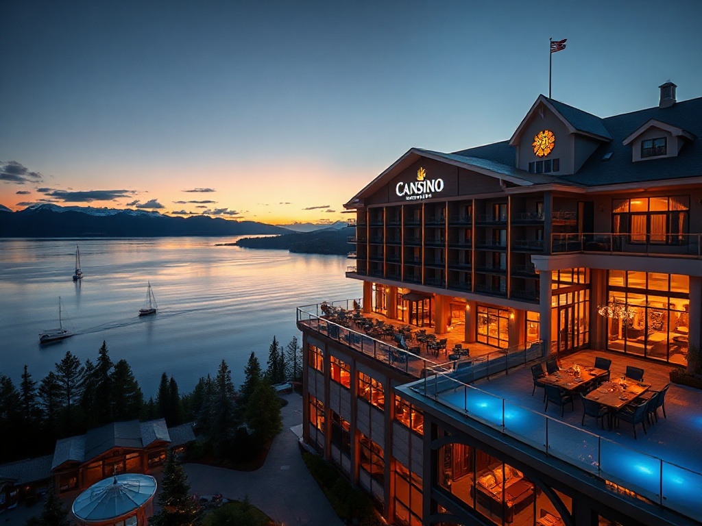"Luxury Canadian casino hotel at dusk, panoramic lake and mountain views, illuminated modern facade, elegant lakefront suite balcony, glassy lights, subtle wellness steam, glamorous interior glow, upscale atmosphere" "High-detail cinematic realism, warm g