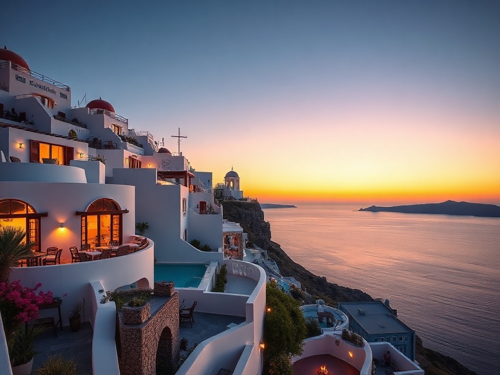Sunlit Santorini cliff hotel; “whitewashed” suites with “private sea-view balconies”; sleek casino lounge glow; “spa steam” and sunset dining by the coast.