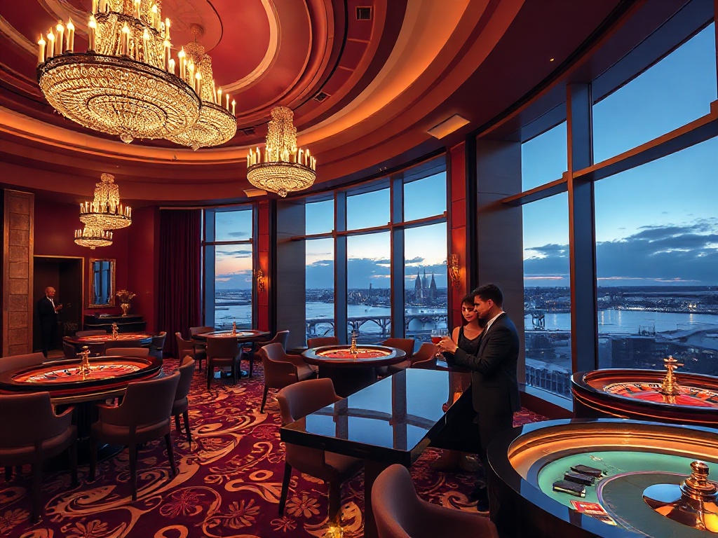 A grand Krakow-to-Warsaw inspired luxury casino hotel interior, warm chandeliers, velvet lounges, polished roulette tables, couples toasting cocktails, spa glow, skyline view at dusk.