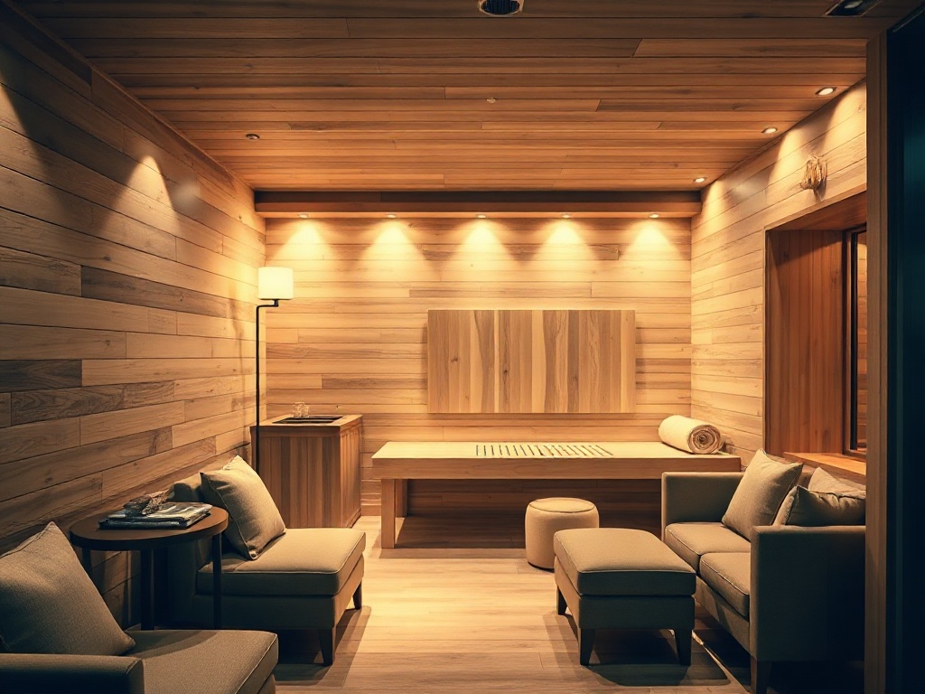 "Nordic luxury lounge beside a warm sauna steam room, soft arctic light, natural wood, plush seating, calm spa ambiance, subtle casino glow, refined hospitality."