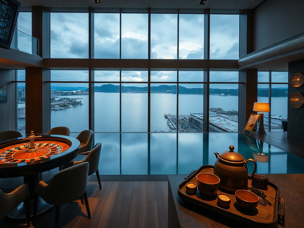 Sleek Scandinavian casino hotel interior, floor-to-ceiling windows over Oslo harbor, velvet gaming tables with soft roulette glow, gourmet dining plates, calm spa infinity pool, matcha travel case beside ceramic tea set.