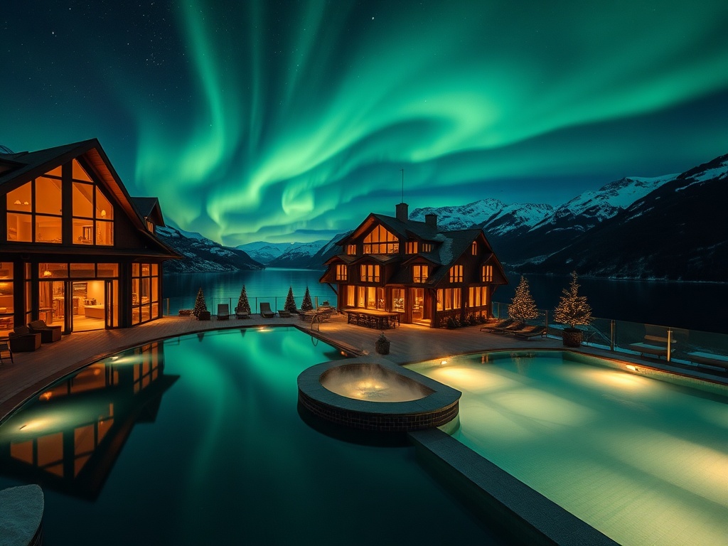 "Luxury Norwegian fjord hotel at night, Northern Lights overhead, floor-to-ceiling suite windows, private terrace with warm lights, elegant casino lounge glow, Nordic spa steam, heated pool reflections" You MUST not include ANY brand images or logos. You 