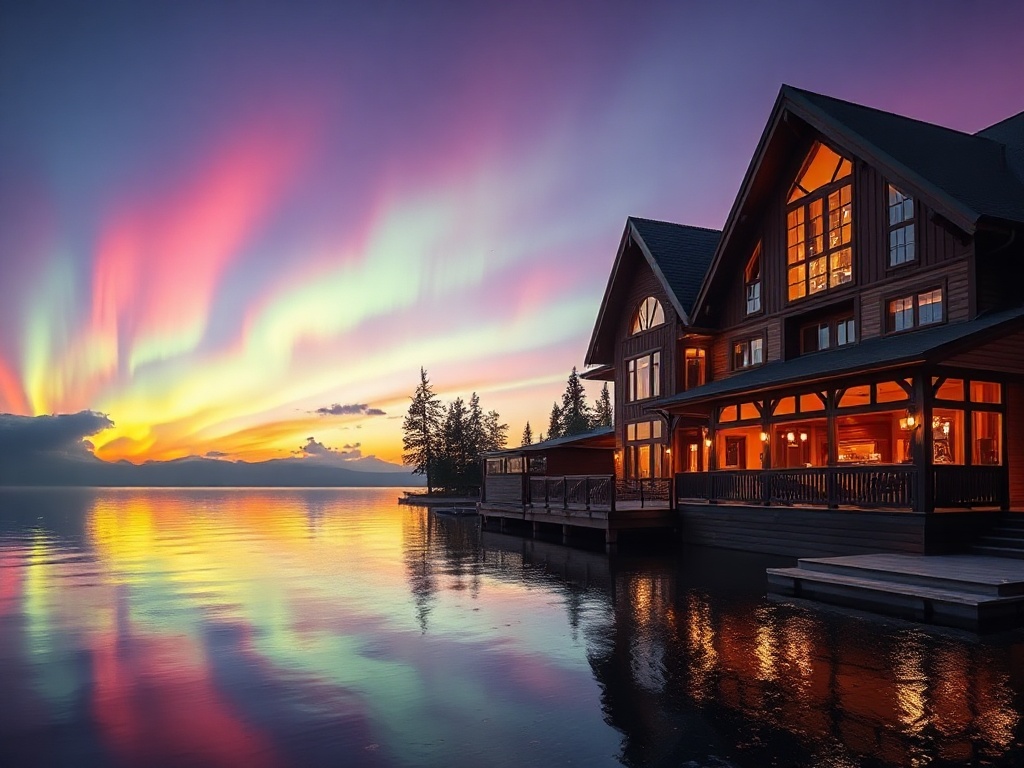 "lakeside luxury casino hotel at dusk" "warm Nordic wooden suite windows" "glowing aurora reflections on water" "elegant gaming lounge silhouette"