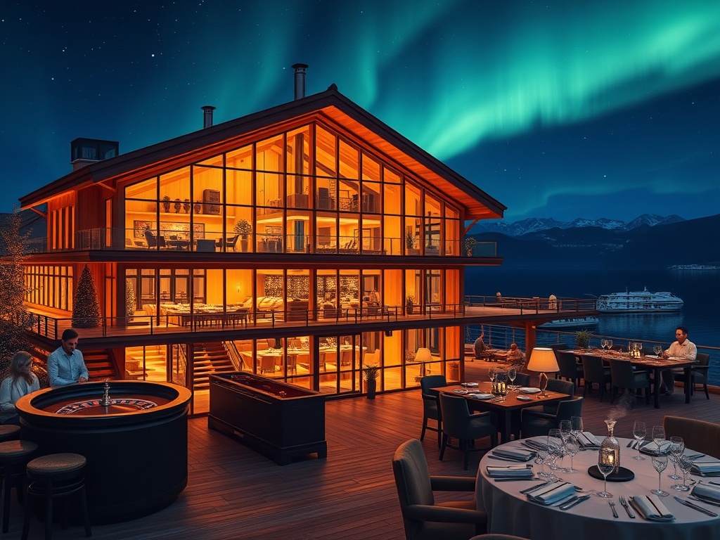 "Lakeside luxury hotel at night, warm wooden Scandinavian suite with panoramic glass, aurora glow, elegant casino lounge with roulette tables, Nordic spa sauna steam, refined dining ambiance, no people."