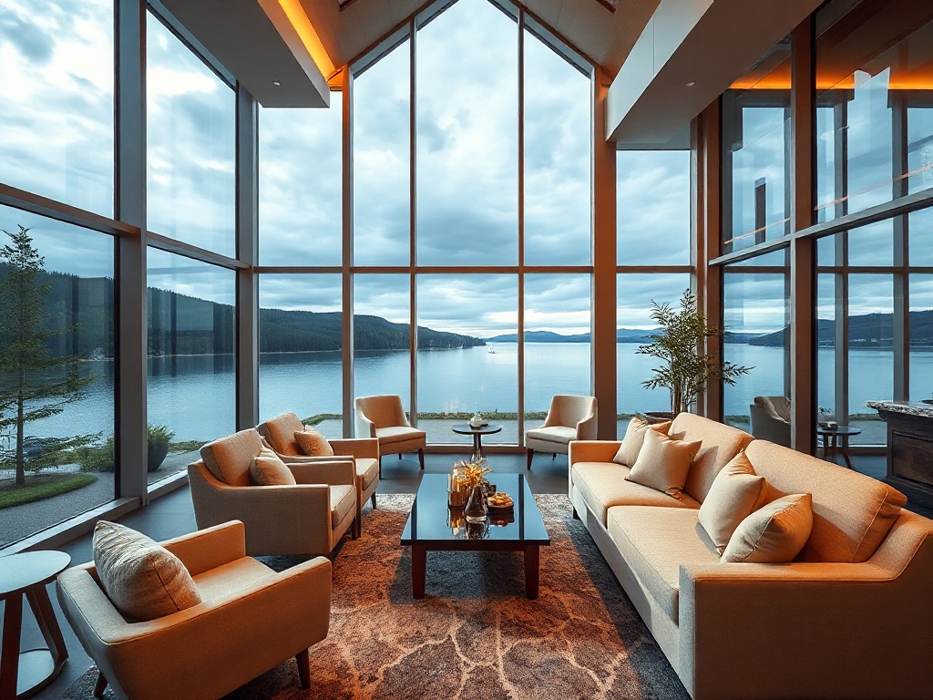 "Warm modern lobby with Canadian lake view through floor-to-ceiling windows, plush seating, soft lighting, subtle luxury spa ambiance, panoramic comfort, inviting atmosphere"
