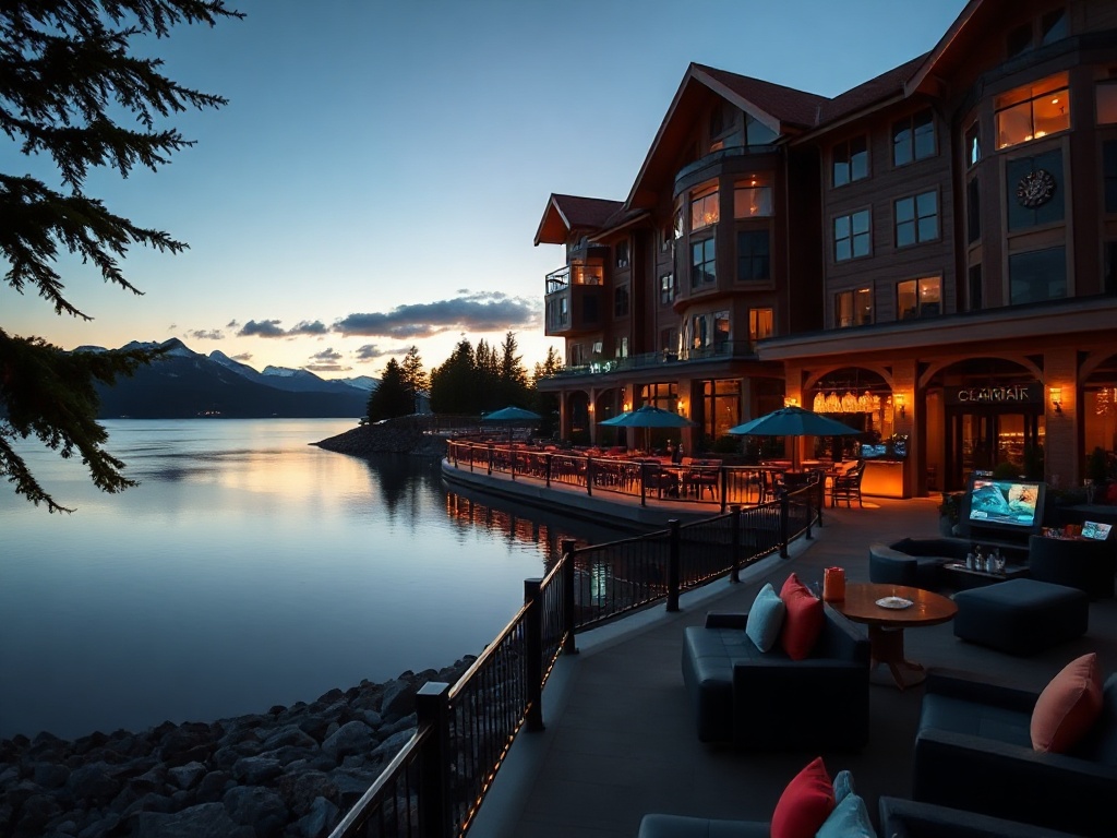 "Luxe Canadian casino hotel at dusk" "lakefront terrace with warm lights" "spa steam and massage room glow" "elegant gaming lounge" "mountain silhouettes"