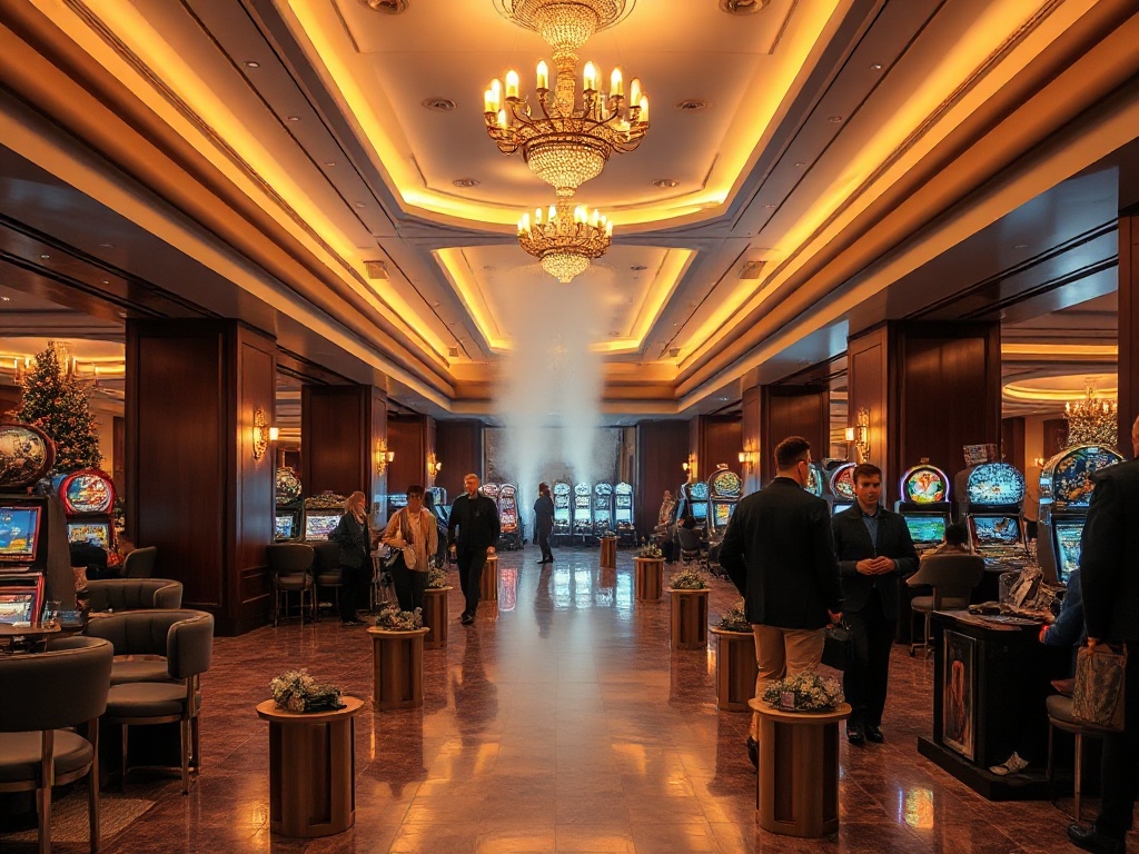 Luxurious Nordic casino hotel lobby in Finland, warm golden lighting, serene spa steam in distance, stylish guests, subtle gaming ambiance, inviting pathways.