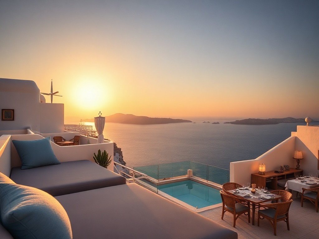 Sunlit Santorini cliff hotel; “whitewashed” suites with “private sea-view balconies”; sleek casino lounge glow; “spa steam” and sunset dining by the coast.