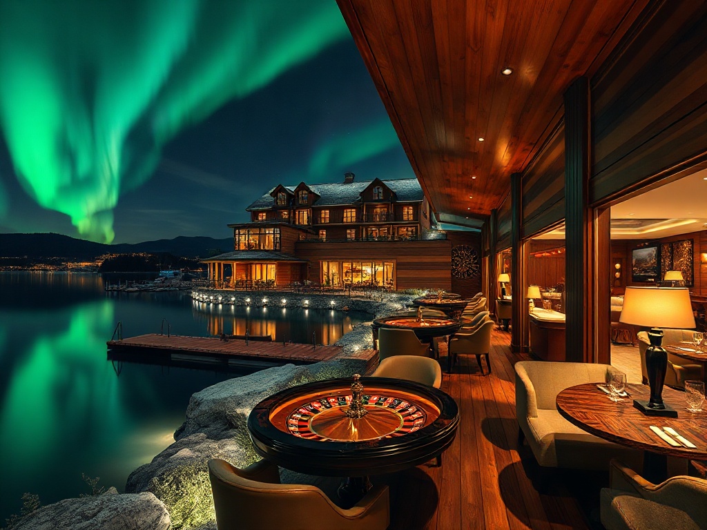 "Lakeside luxury hotel at night, warm wooden Scandinavian suite with panoramic glass, aurora glow, elegant casino lounge with roulette tables, Nordic spa sauna steam, refined dining ambiance, no people."