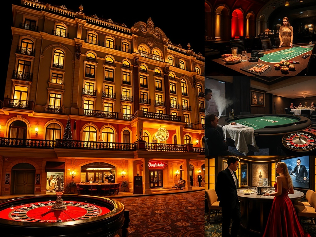 "Opulent Warsaw-inspired palace hotel exterior at night" "glowing elegant suites windows" "luxury casino lounge interior" "roulette table, blackjack ambiance, poker chips" "fine dining table" "spa steam and massage glow" "couples in velvet evening attire"