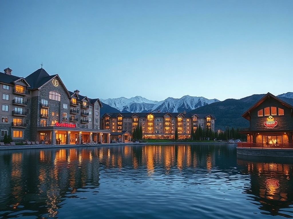 A luxury lakefront casino resort at dusk, warm illuminated suites, alpine-inspired stone facade, elegant gaming lounge glow, tranquil mountains reflected in glassy water.