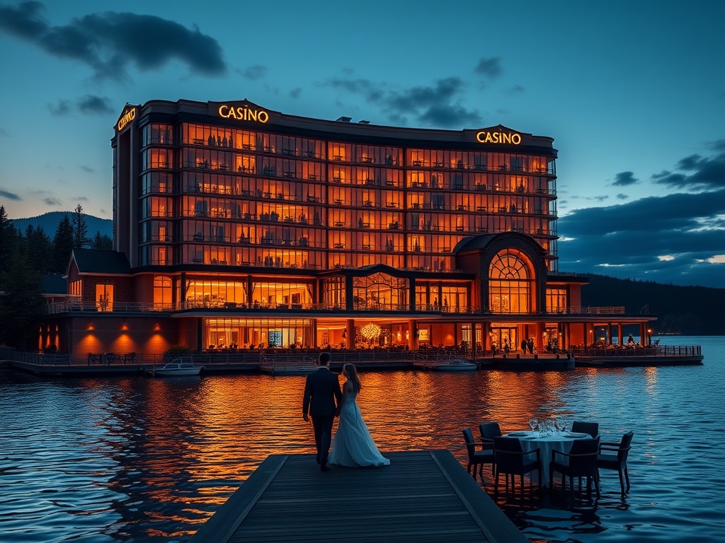 "Luxury Canadian lakefront casino hotel at dusk, glowing glass facade, romantic couple walking by water, elegant lounge interiors, distant roulette lights, spa steam, fine dining table, live music stage, starry sky"