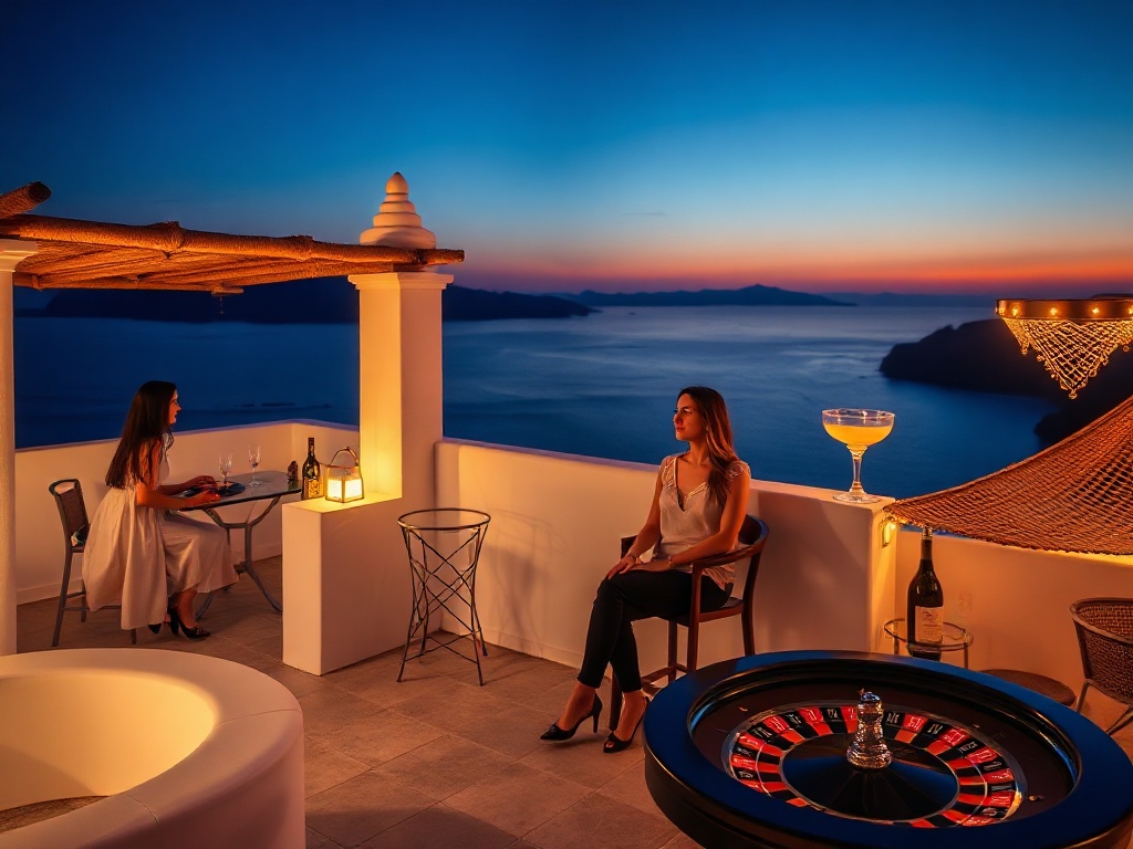 "white Santorini-style suite balcony with blue sea horizon" "golden-hour sunset dining table" "elegant casino glow with roulette-lit ambience" "luxury ambiance" "couple silhouettes"